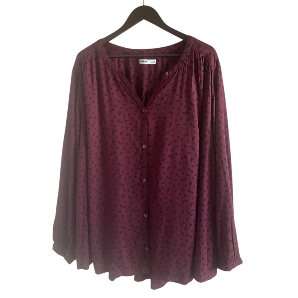 Sonoma Split Neck Button Front Blouse Floral Print Long Sleeve Plum/Black 4X NWT